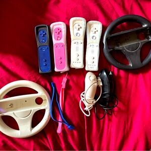 Nintendo Wii Controllers and Wheels Set - Black, Blue, Pink, White